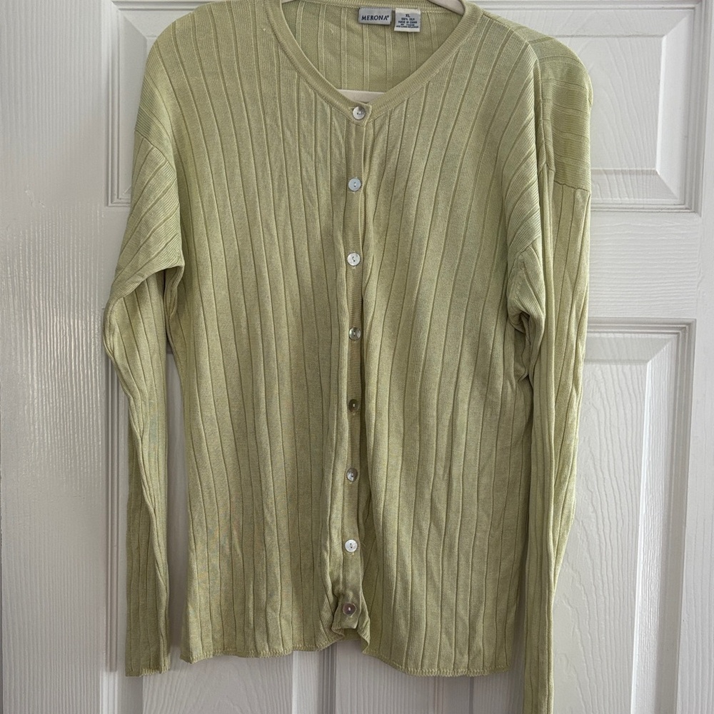 Vintage 100% Silk Women's Ribbed Cardigan Sweater - Green